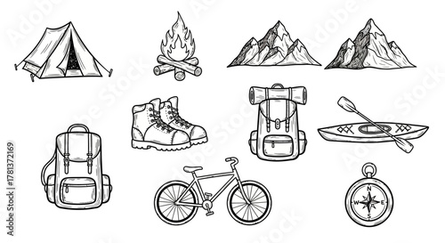 Outdoor adventure essentials with hand-drawn camping and hiking gear