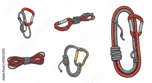 Detailed mountain climbing gear set with ropes and carabiners