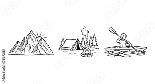 Outdoor adventure: camping, hiking, and kayaking in linear style