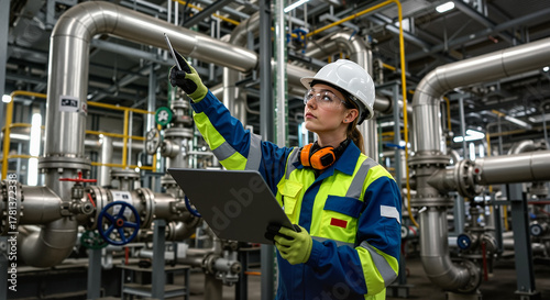 Female engineer in safety gear inspecting industrial equipment in a factory. Professional woman with a laptop working with a complex pipeline system