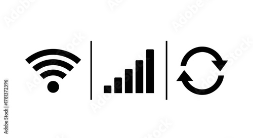 Essential connectivity icons: wi-fi, signal strength, and synchronization symbols