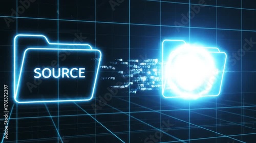 Digital data transfer visualized through glowing folders, showcasing binary information flow from source to destination, highlights technology and efficient data management in futuristic environment