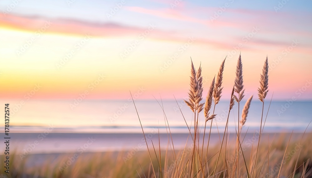 Fototapeta premium Golden Hour Beach Grass Serenity Soft Pastel Sunset Over Ocean Waves Calm Atmosphere in Coastal Landscape