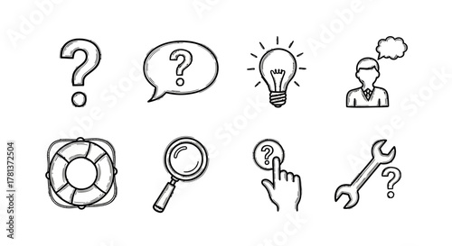 Hand drawn set of question and solution icons for creative concepts
