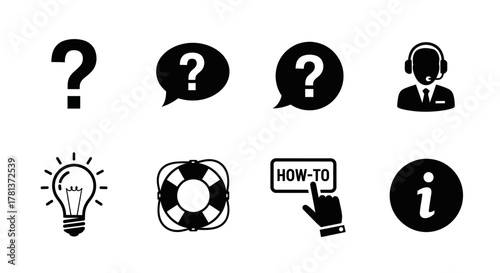 Minimalist support and assistance icons: faq, customer service, light bulb, and help symbols