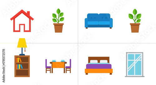Colorful home interior elements in minimalist flat design