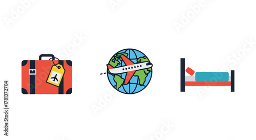 Flat style travel icons: suitcase, airplane, globe, and hotel bed