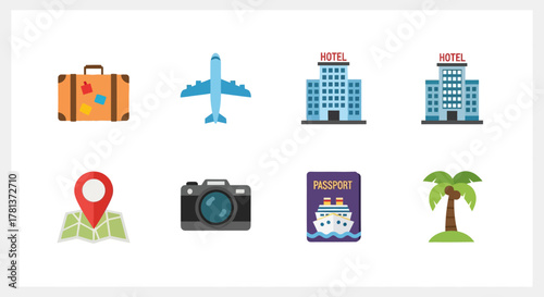 Travel icon set featuring flat design airplane, hotel, camera, and more