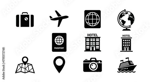 Travel icons set: flat black silhouettes for navigation, accommodation, and adventure