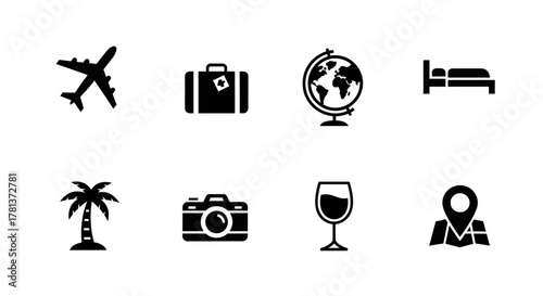 Travel essentials icons set: simplified black silhouettes of plane, globe, luggage, and more