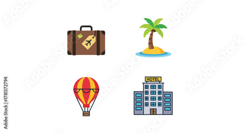 Travel and vacation icons: suitcase, palm tree, hot air balloon, hotel