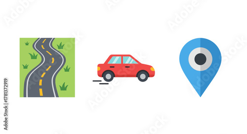 Colorful flat design of road trip elements with car and map pin