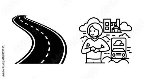 Linear cityscape and road icons with happy person and cars