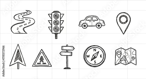 Hand-drawn traffic and navigation icons set in sketch style