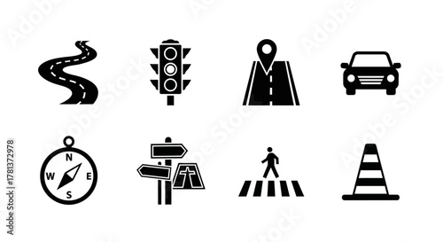 Set of road and traffic icons in black silhouette style for navigation and safety
