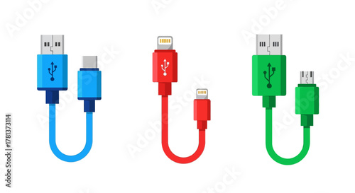Colorful usb and lightning cables on white background