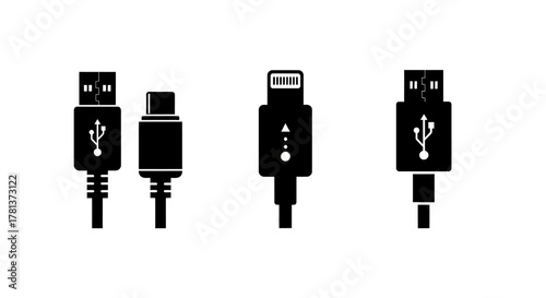 Black silhouette of various cable connectors on white background