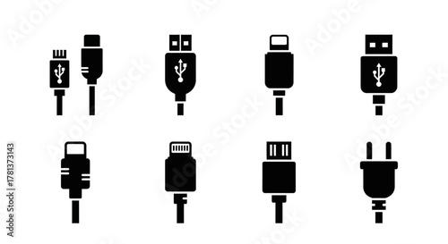 Silhouette set of various electronic cable connectors on white background