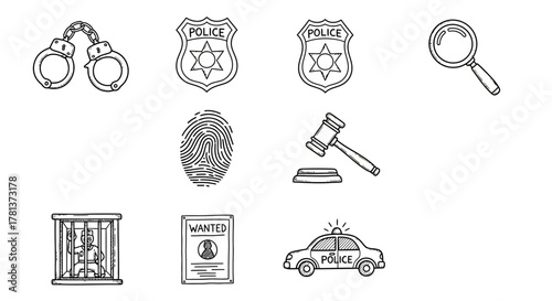 Law enforcement icon set: badges, handcuffs, fingerprint, and justice symbols