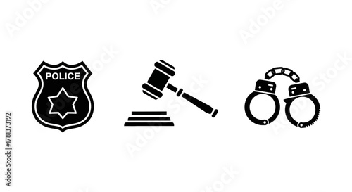 Silhouette icons of law: police badge, gavel, and handcuffs for legal themes
