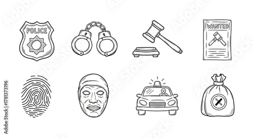 Crime and justice line art icons: police, court, and forensics elements