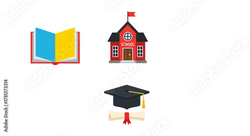 Education icons: school building, graduation cap, and open book in flat design