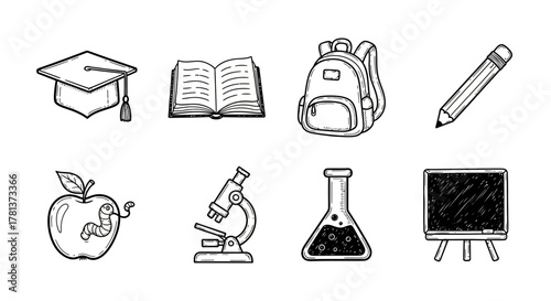 Educational doodle set with school items in hand drawn style