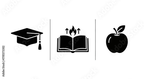 Education silhouette icons: graduation cap, book with flames, apple
