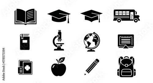 Black and white education icons set featuring school essentials