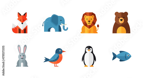 Colorful geometric animals set with fox, elephant, and more