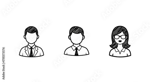 Minimalist black and white avatar icons of professionals in hand-drawn sketch style