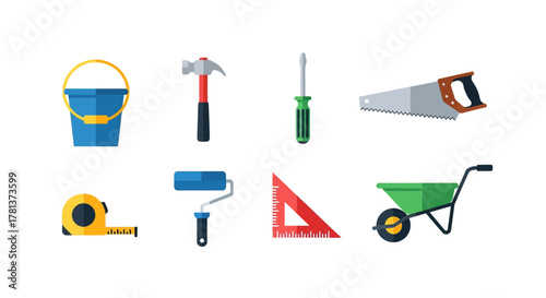 Essential flat design diy tools collection for home improvement and construction