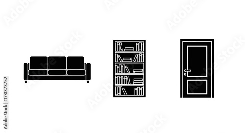 Minimalist home decor: black silhouettes of sofa, bookshelf, and door