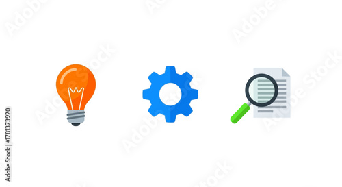 Creative process icons: lightbulb, gear, and document with magnifying glass