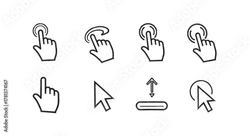 Hand gestures and cursor icons in minimalist linear style for user interface design