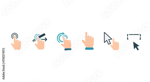 User interface touch hand gestures in flat design: tap, swipe, rotate, click, select