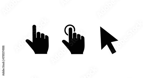 Hand gesture icons set with cursor click pointing in simple silhouette style