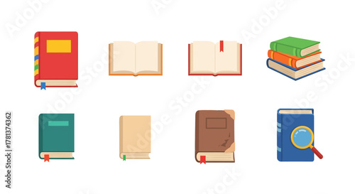 Colorful collection of books with open and closed covers in modern design