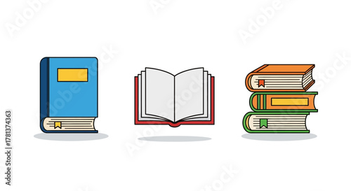 Colorful collection of books in flat style with shadows on white background