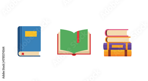 Colorful book icons set featuring open and closed books with book stacks