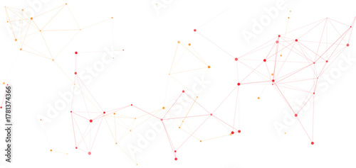 Abstract geometric connection network background with red and orange gradient dots and lines, digital data visualization mesh, futuristic polygonal structure, technology concept art design