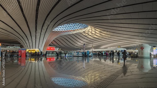 beijing city new international airport crowded check in hall interior timelapse panorama 4k china