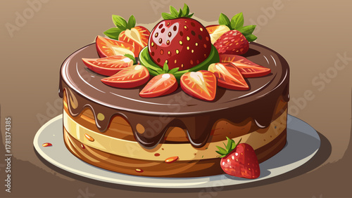 Very beautiful chocolate cake dusted with fine sugar, topped with fresh strawberries, rich glossy texture, warm natural light, and a realistic delicious dessert presentation.
