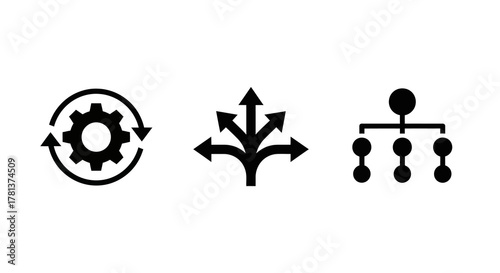 Innovative strategy icons: gear arrows and hierarchy silhouettes