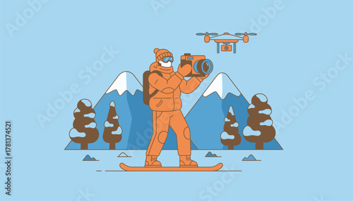 A snowy landscape with a travel blogger bundled up enjoying winter activities while documenting their chilly adventures.