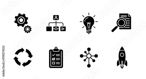 Set of simple business icons including light bulb, magnifying glass, and rocket design