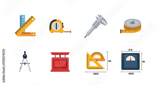Essential measuring tools collection: rulers, tape, caliper, scale in flat design