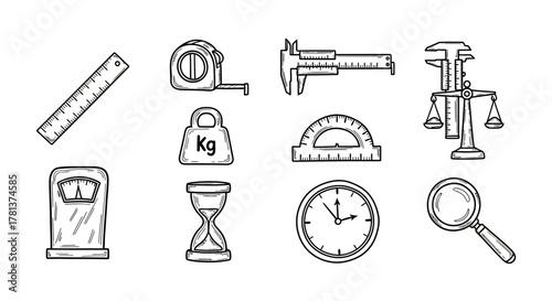 Collection of hand drawn measuring tools icons: scale, ruler, caliper, and more