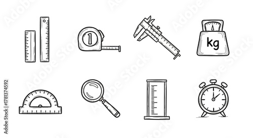 Hand drawn measurement tools: caliper, scale, protractor, stopwatch, and more