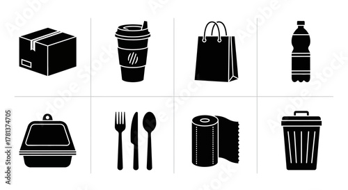 Collection of black silhouette icons for everyday packaging and waste items